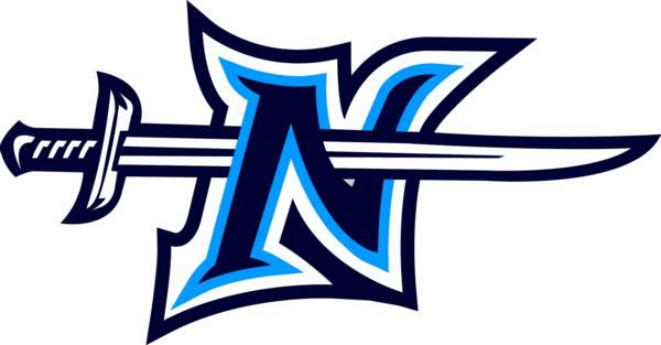 A stylized blue letter N intersected by a silver sword, outlined in dark blue and light blue.