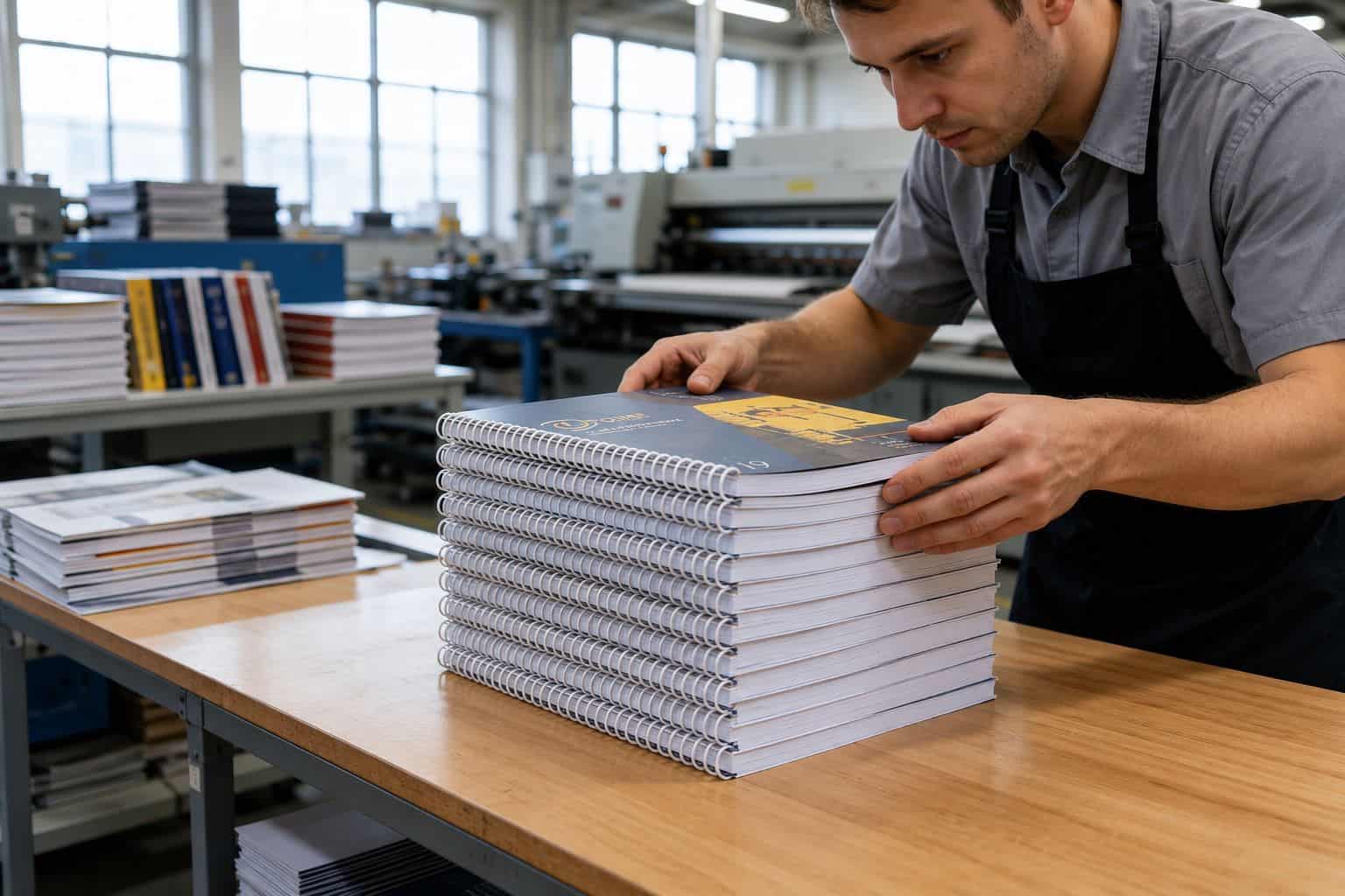 Man in gray shirt stacking spiral-bound notebooks on a wooden table in a printing facility.