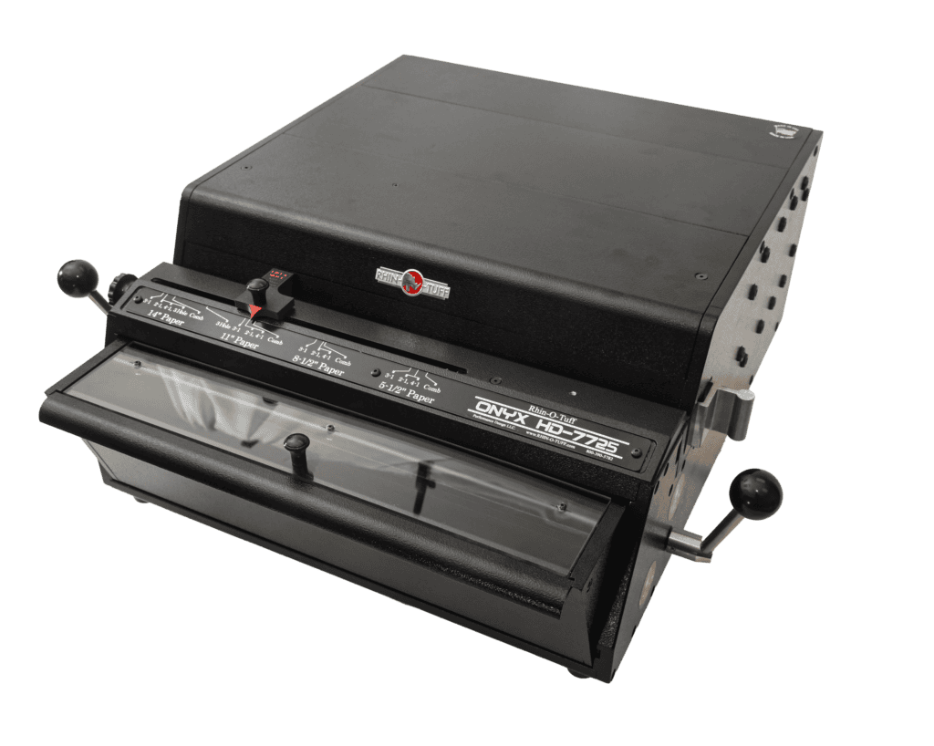Black manual binding machine with levers, labeled Rhin-O-Tuff ONYX HD7725 Ultima Heavy-Duty Punch, on a white background.
